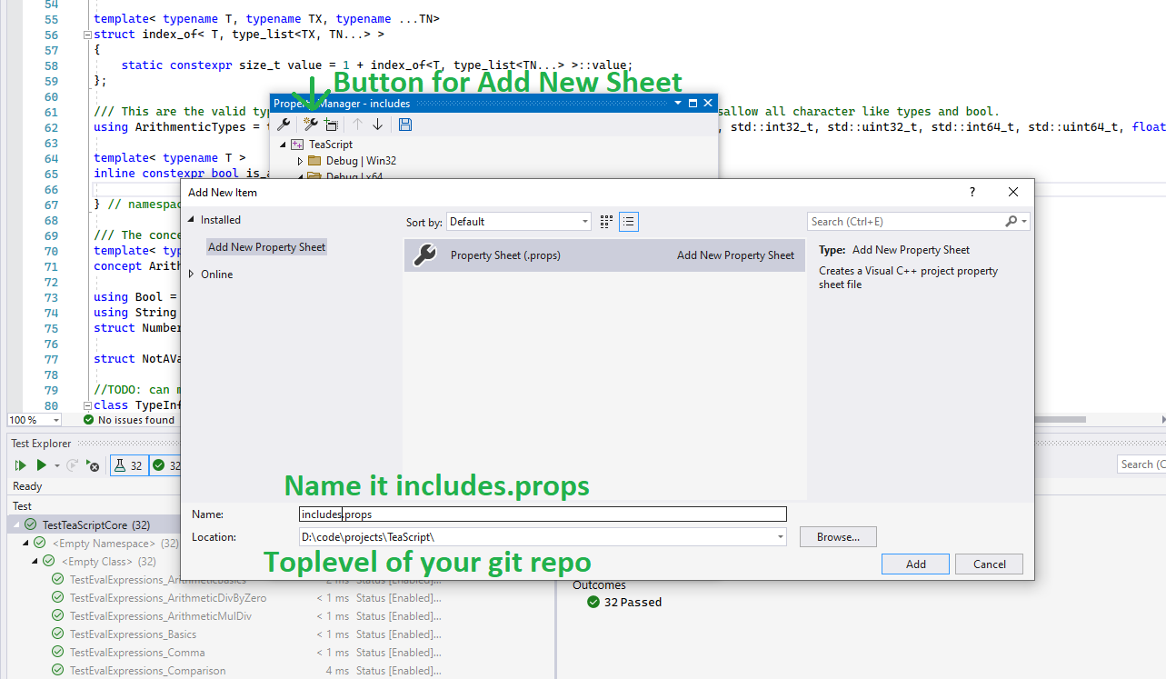 Add new property sheet dialog in Visual Studio