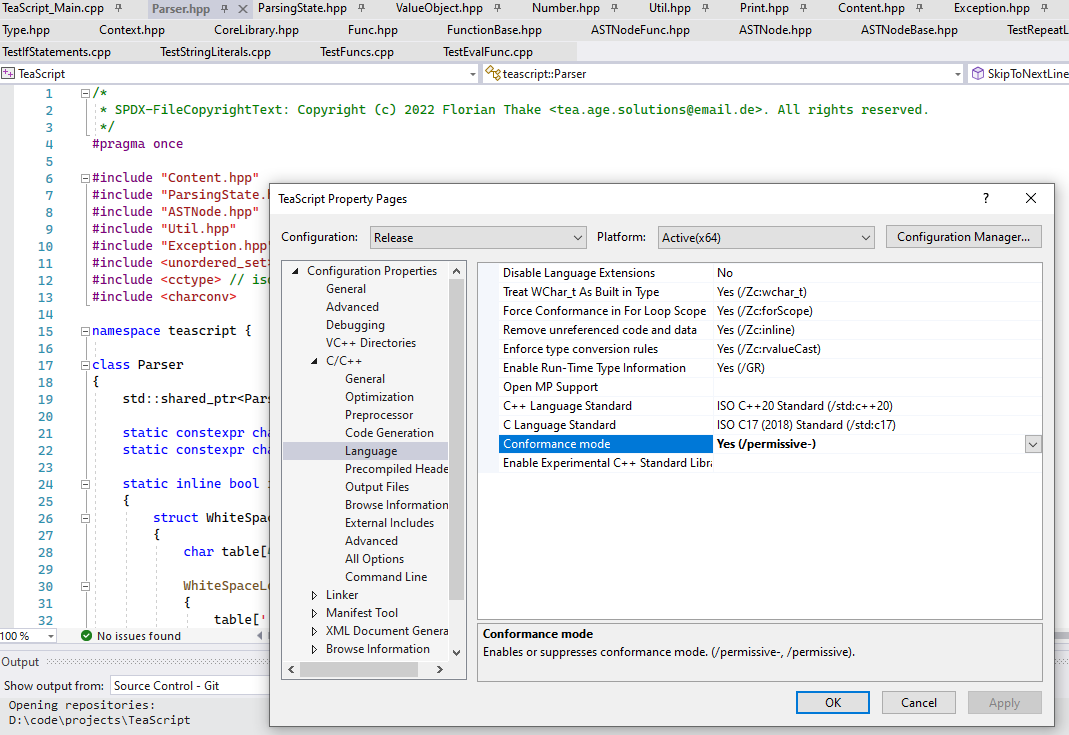 Screenshot mit Visual Studio Settings