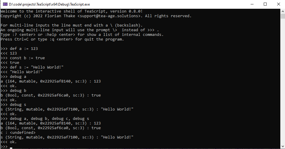 Debug operator examples in the TeaScript Host Application.