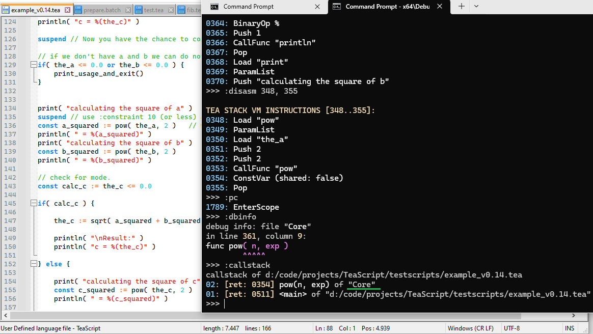 Debugging session with viewable call stack containing 2 "programs"